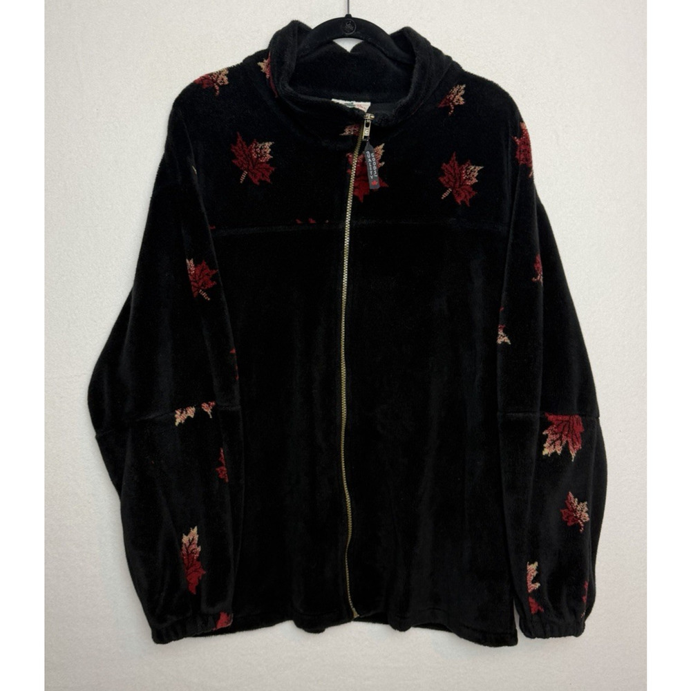 Quality Goods Canada Women's Fleece Full Zip Black Jacket Maple Leaves Vintage